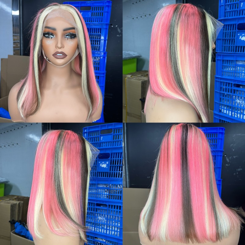 Stema Customized 13x6 Pink Highlight Straight Colored Transparent Lace Front Bob Wig